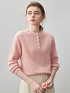 COMOBOCA Pink 100% Cashmere Women's Cable Knit Button Front Sweater