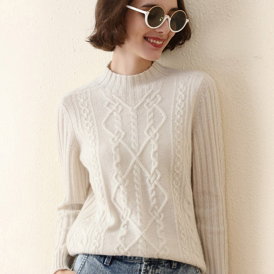 COMOBOCA BEIGE 100% Cashmere Women's Mock Neck Knit Sweater