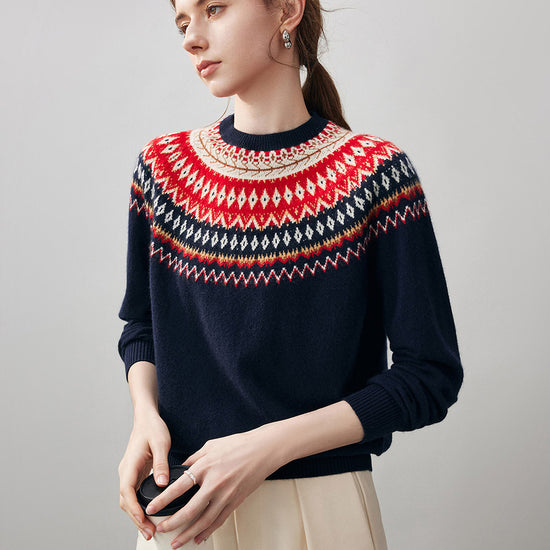COMOBOCA 100% Cashmere Women's Fair Isle Round Neck Sweater