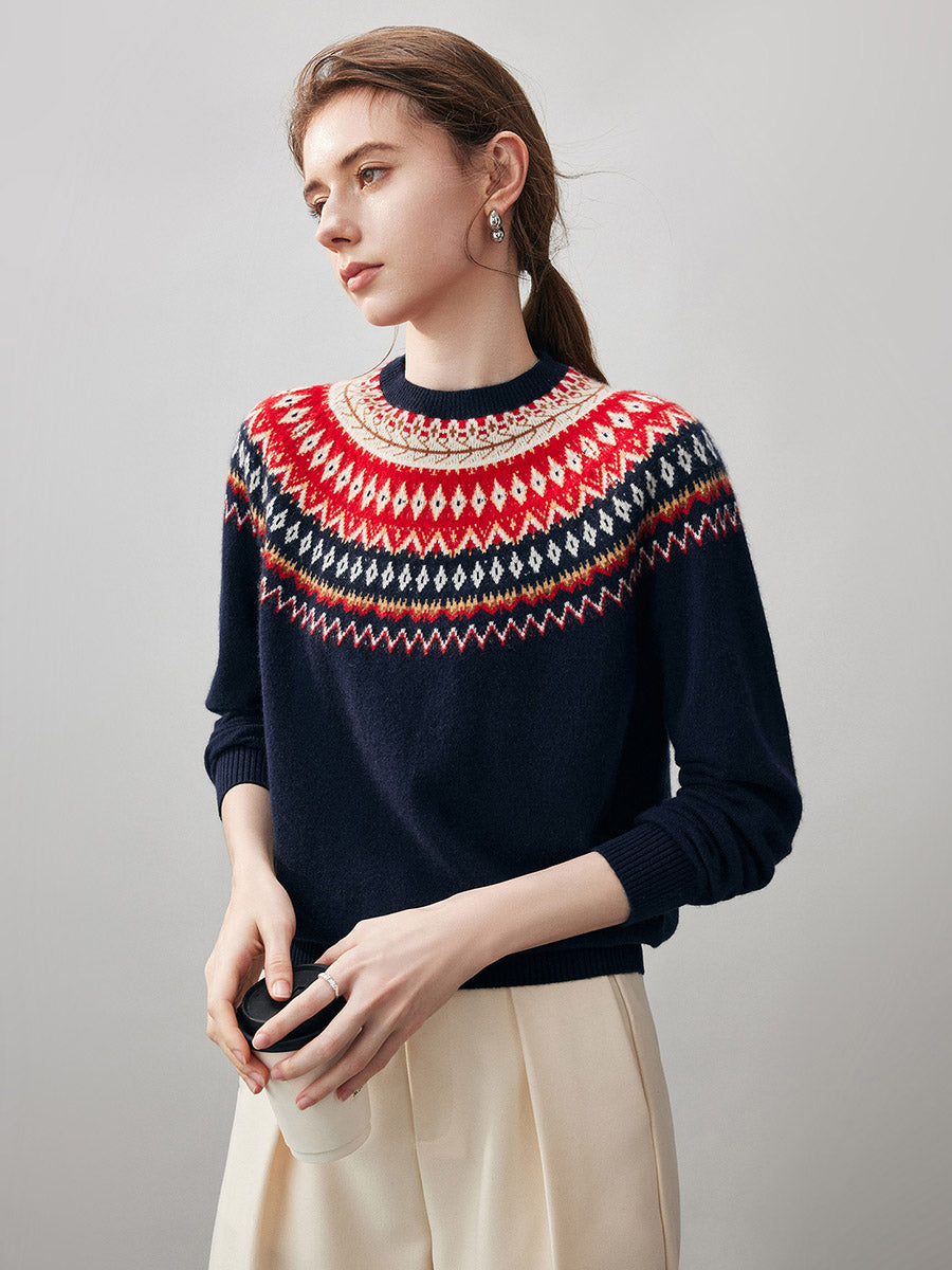 COMOBOCA 100% Cashmere Women's Fair Isle Round Neck Sweater