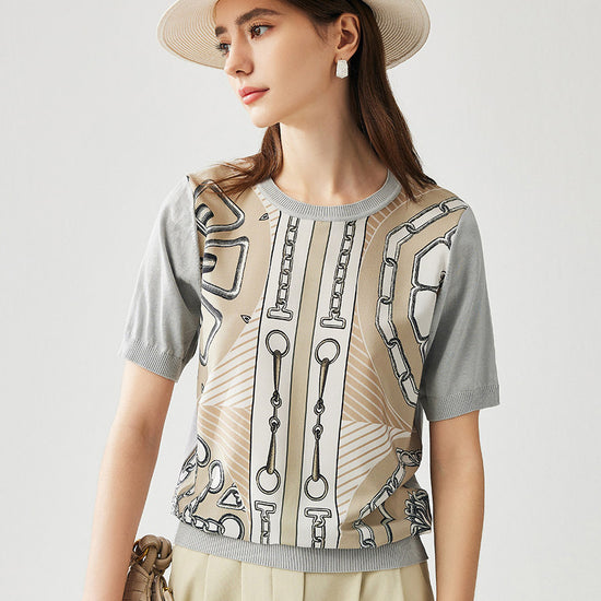 COMOBOCA Women's Graphic Chain Design Knit T-Shirt