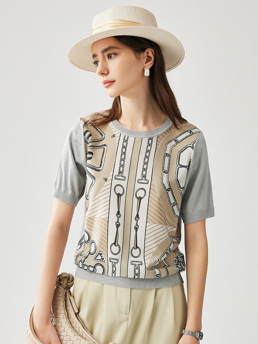 COMOBOCA Women's Graphic Chain Design Knit T-Shirt