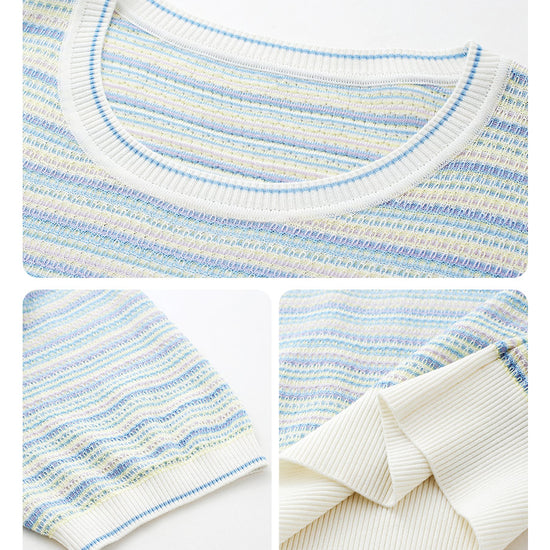 COMOBOCA Women's Pastel Marled Stripe Openwork Knit T-Shirt