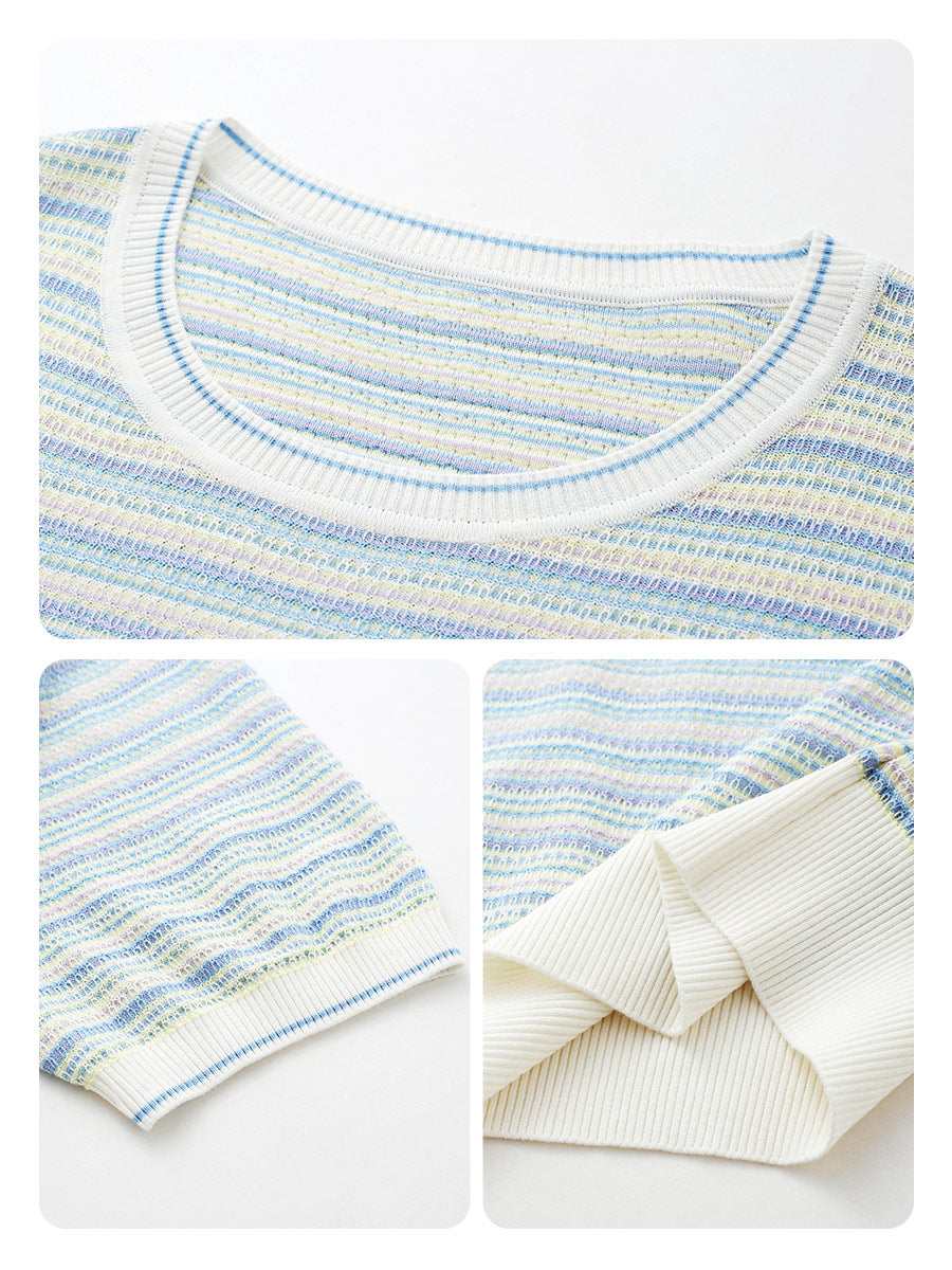 COMOBOCA Women's Pastel Marled Stripe Openwork Knit T-Shirt