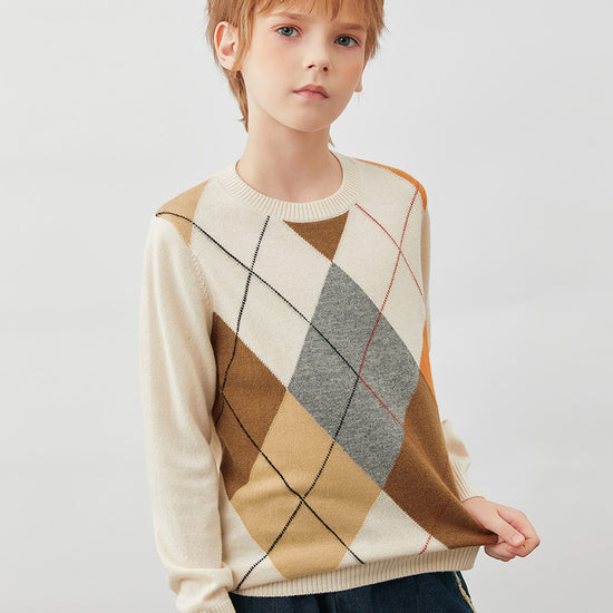 COMOBOCA 100% Wool Kids' Argyle Round Neck Sweater