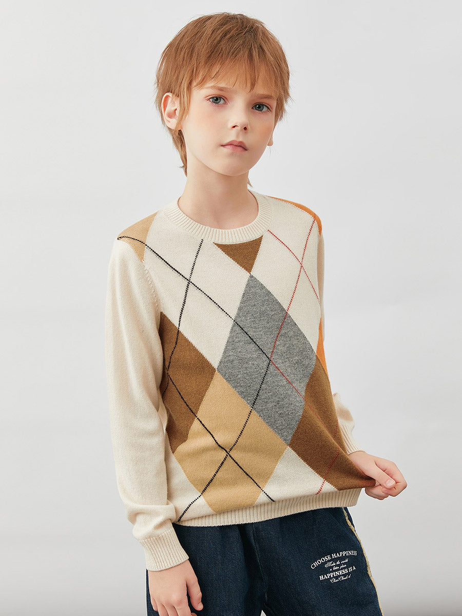 COMOBOCA 100% Wool Kids' Argyle Round Neck Sweater