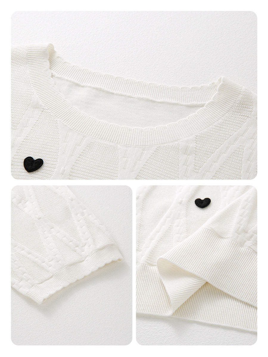 COMOBOCA Women's Heart Appliques Diamond Knit Top