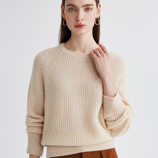 COMOBOCA 100% Cashmere Women's Ribbed Round Neck Sweater