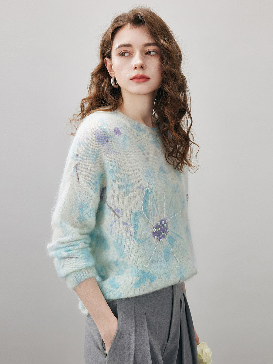 COMOBOCA Women's Floral Printed Round Neck Sweater