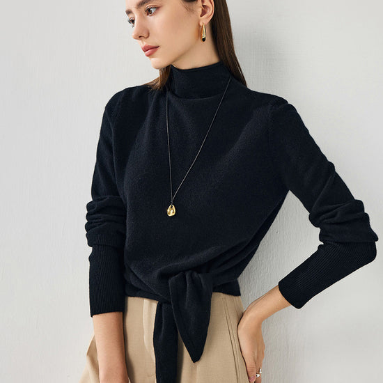 COMOBOCA 100% Cashmere Women's Mock Neck Tie-Waist Sweater