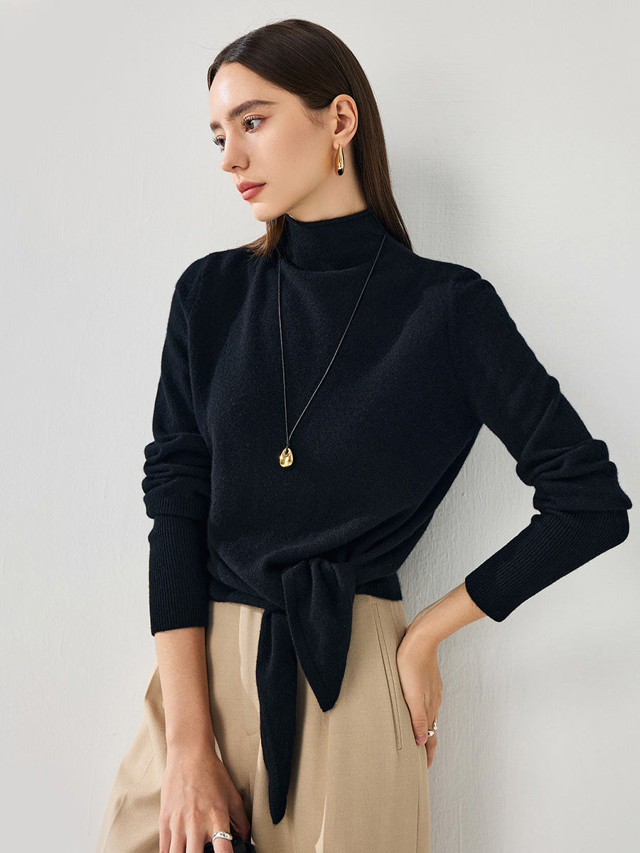 COMOBOCA 100% Cashmere Women's Mock Neck Tie-Waist Sweater