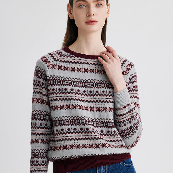 COMOBOCA 100% Cashmere Women's Fair Isle Round Neck Knit Sweater