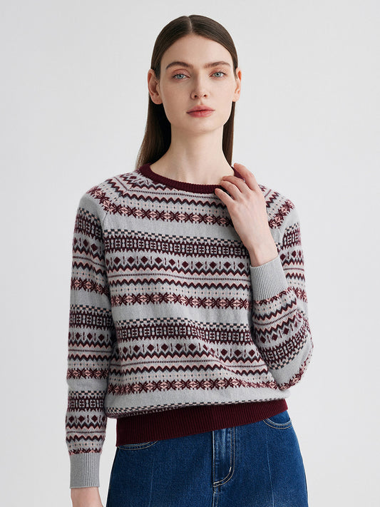 COMOBOCA 100% Cashmere Women's Fair Isle Round Neck Knit Sweater