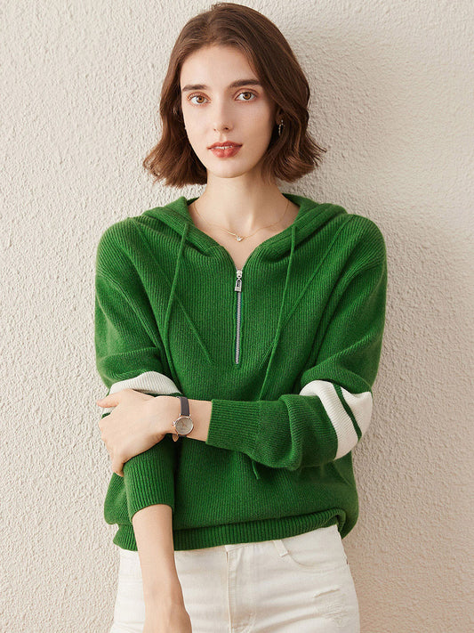 COMOBOCA 100% Cashmere Women's Half Zip Sweater Knit Hoodie