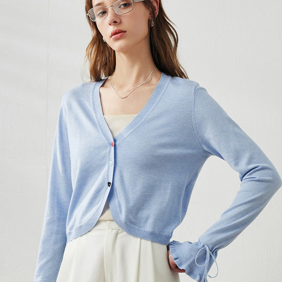 COMOBOCA Light Blue Women's Heart Button Cropped Ruffle Bell Cardigan