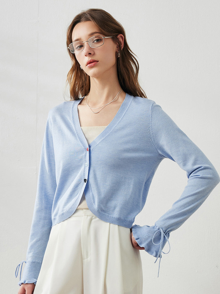 COMOBOCA Light Blue Women's Heart Button Cropped Ruffle Bell Cardigan