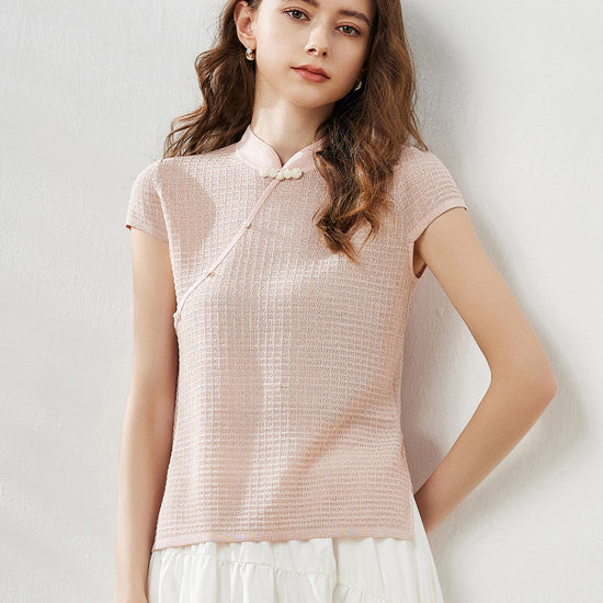 COMOBOCA Light Pink Women's Textured Pearl Accents Blouse