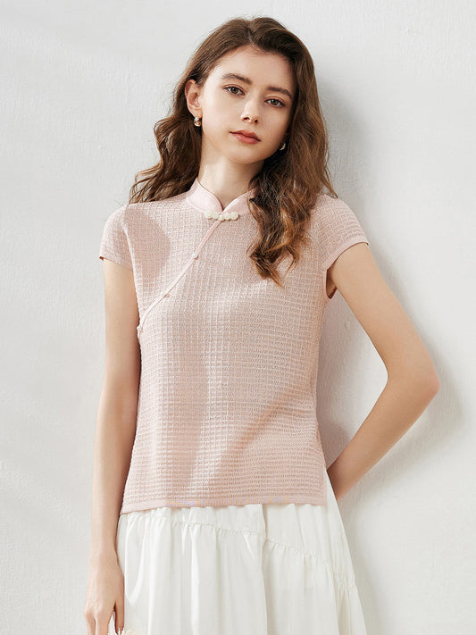 COMOBOCA Light Pink Women's Textured Pearl Accents Blouse