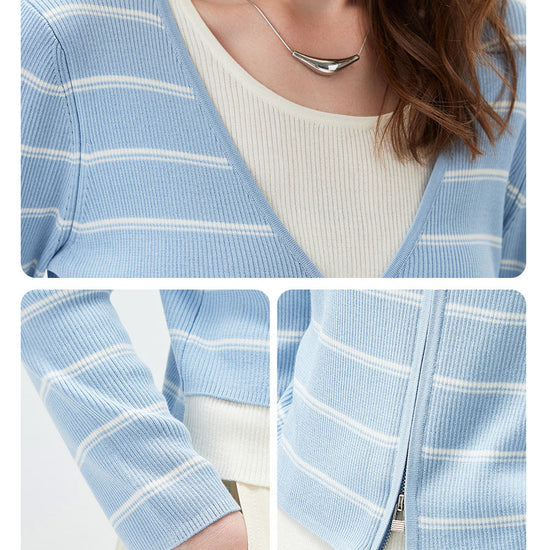 COMOBOCA Women's Striped Ribbed Knit Faux 2-in-1 Zip Cardigan