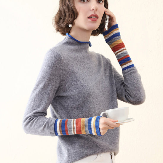 COMOBOCA 100% Cashmere Women's Knit Sweater with Colorful Cuffs