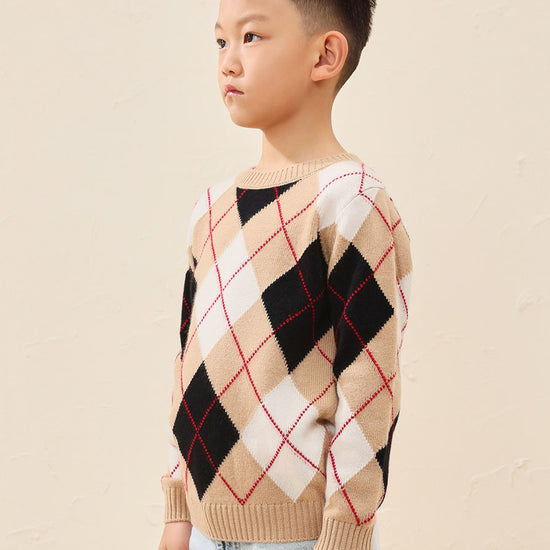 COMOBOCA Beige 100% Wool Kids' Ribbed Argyle Knit Sweater