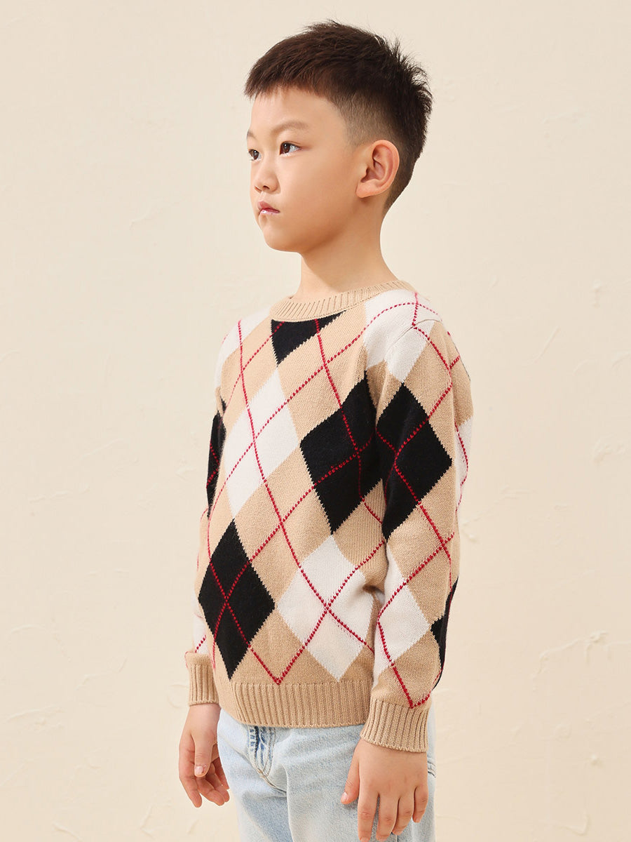 COMOBOCA Beige 100% Wool Kids' Ribbed Argyle Knit Sweater