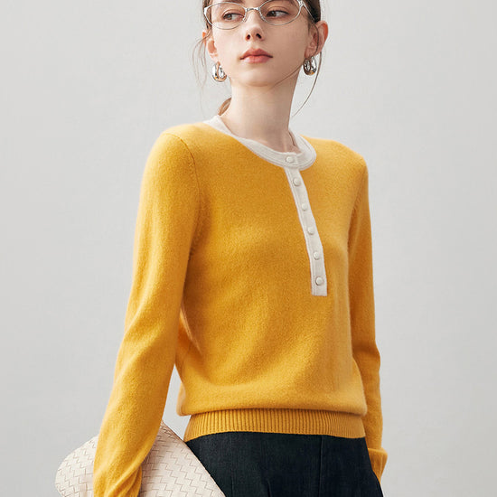 COMOBOCA 100% Cashmere Women's Contrast Trim Button Front Sweater