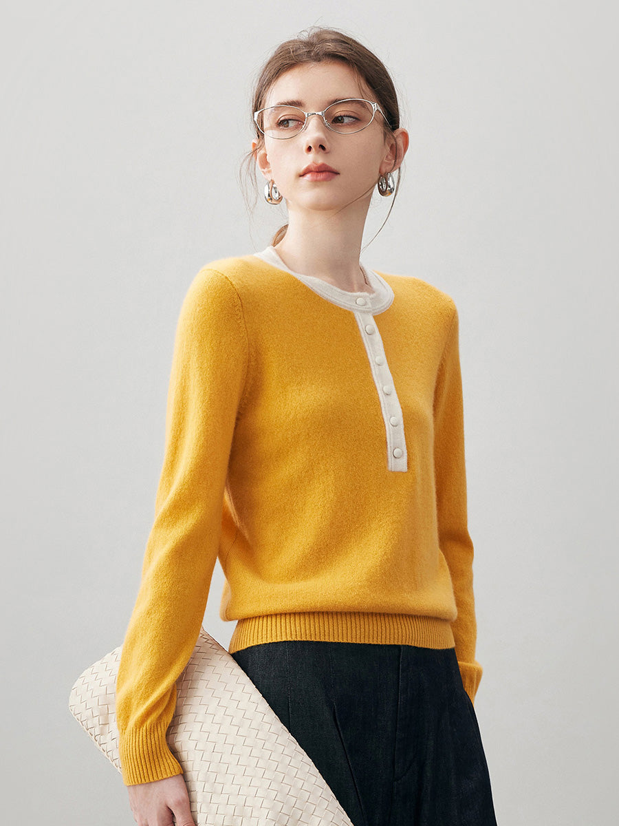 COMOBOCA 100% Cashmere Women's Contrast Trim Button Front Sweater