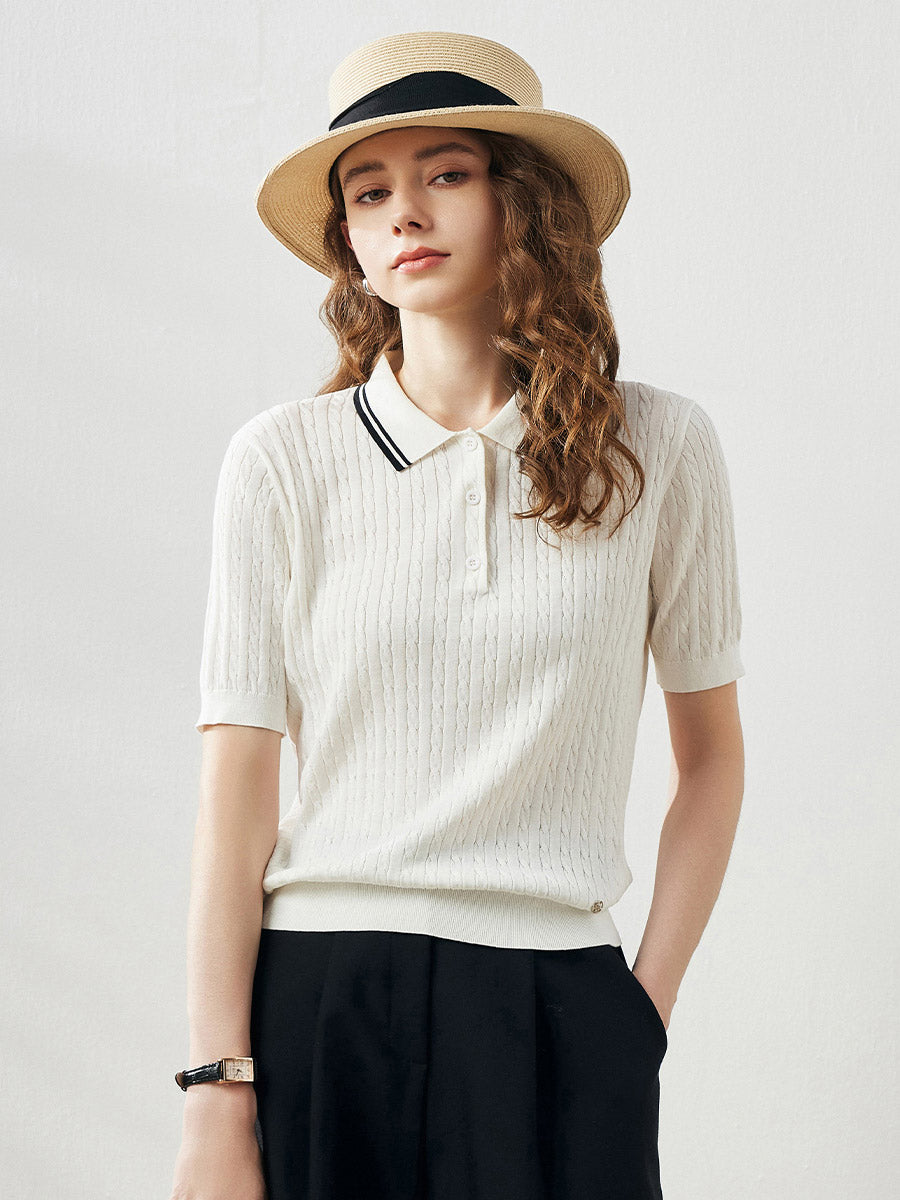 COMOBOCA Cloudy Women's Cable Knit Polo T-Shirt