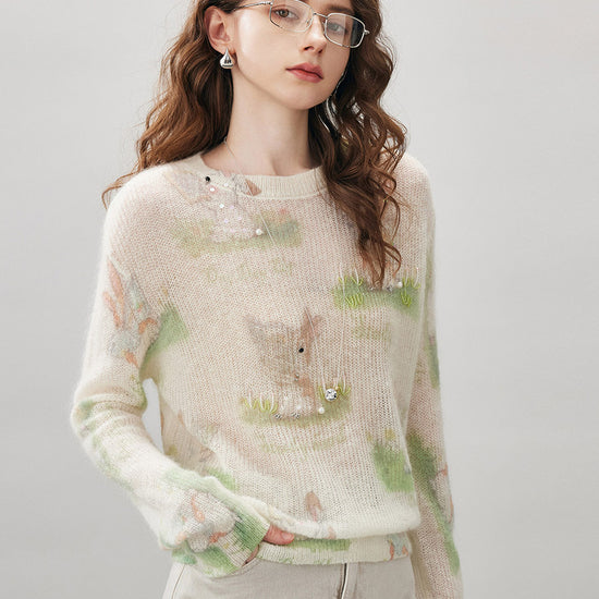 COMOBOCA Women's Bunny Printed Round Neck Sweater