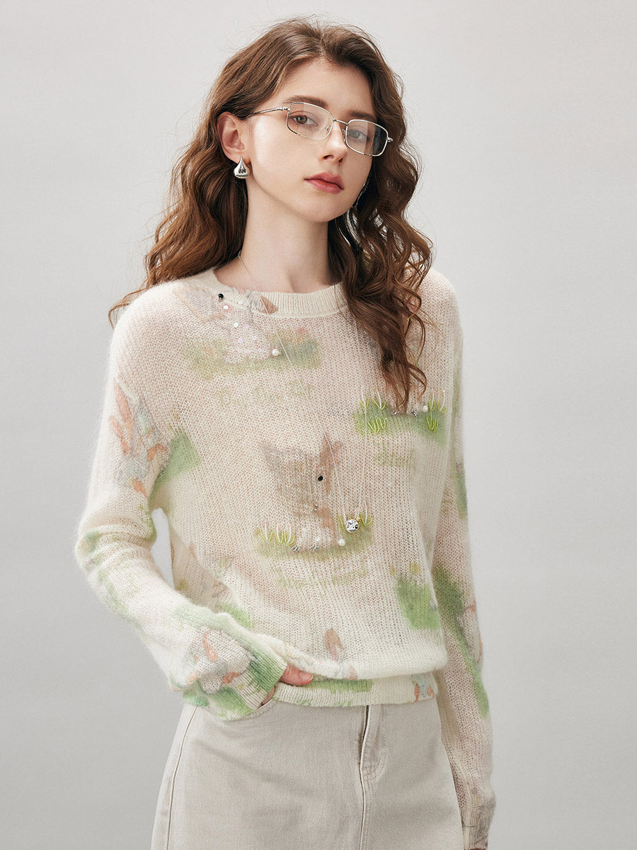 COMOBOCA Women's Bunny Printed Round Neck Sweater