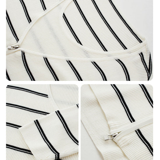 COMOBOCA Women's Striped Ribbed Knit Faux 2-in-1 Zip Cardigan