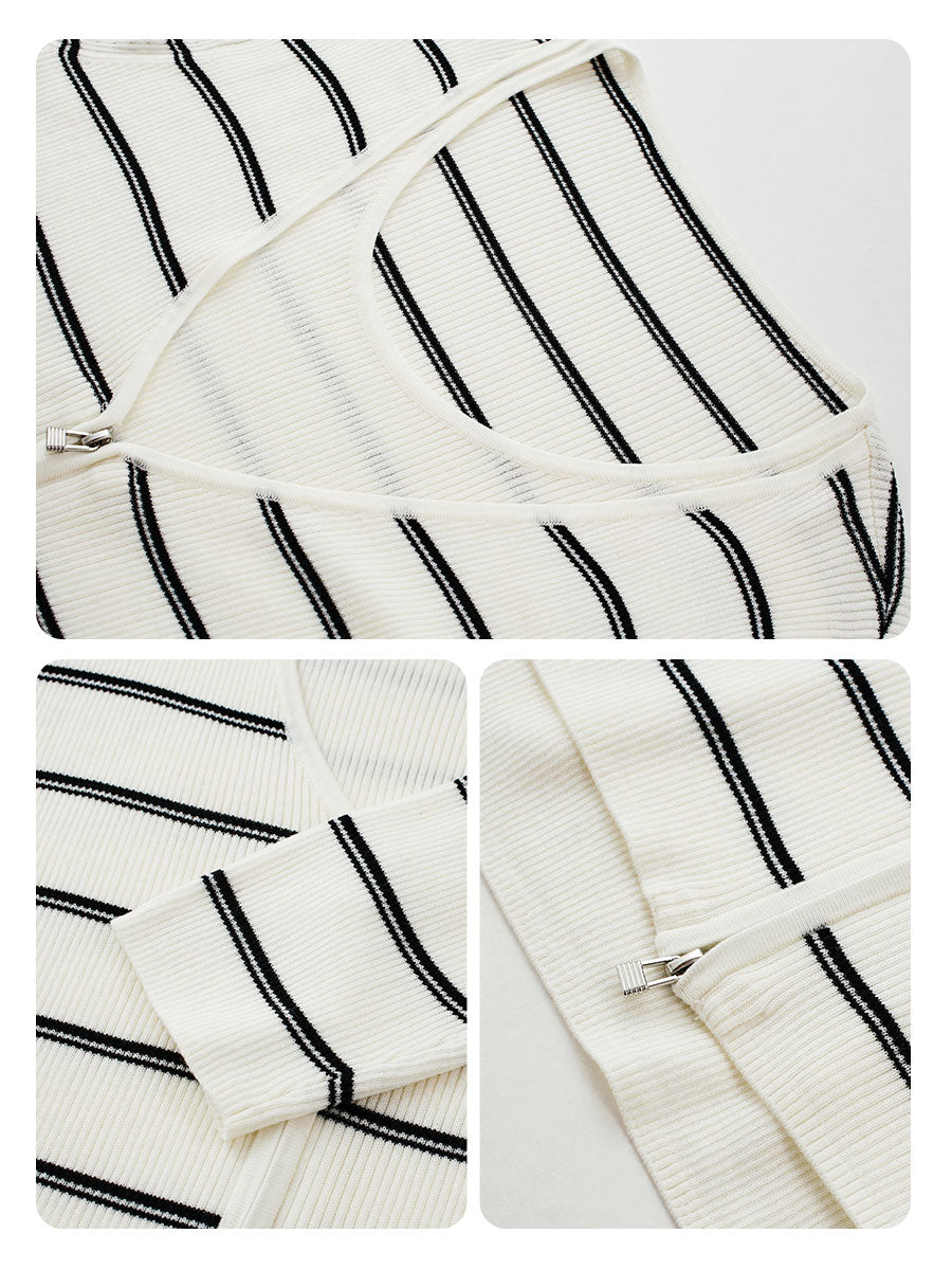 COMOBOCA Women's Striped Ribbed Knit Faux 2-in-1 Zip Cardigan