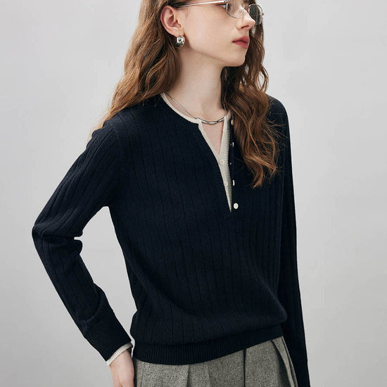 COMOBOCA 100% Wool Women's Ribbed Contrast Trim Sweater