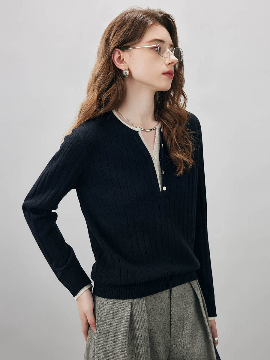 COMOBOCA 100% Wool Women's Ribbed Contrast Trim Sweater