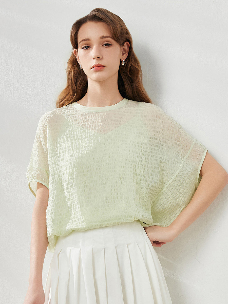 COMOBOCA Women's Crinkle Textured Blouse with Button Closure