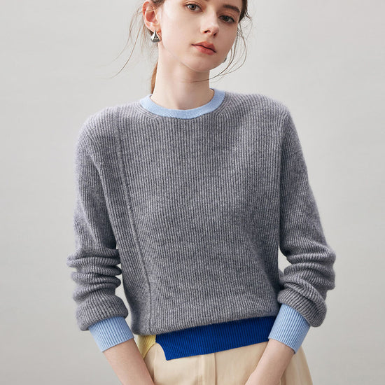 COMOBOCA Gray 100% Cashmere Women's Color Block Ribbed Knit Sweater