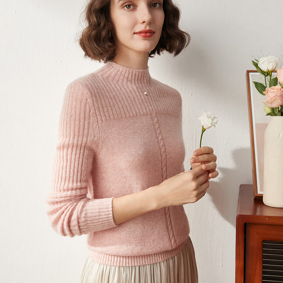 COMOBOCA 100% Cashmere Women's Mock Neck Cable Knit Sweater