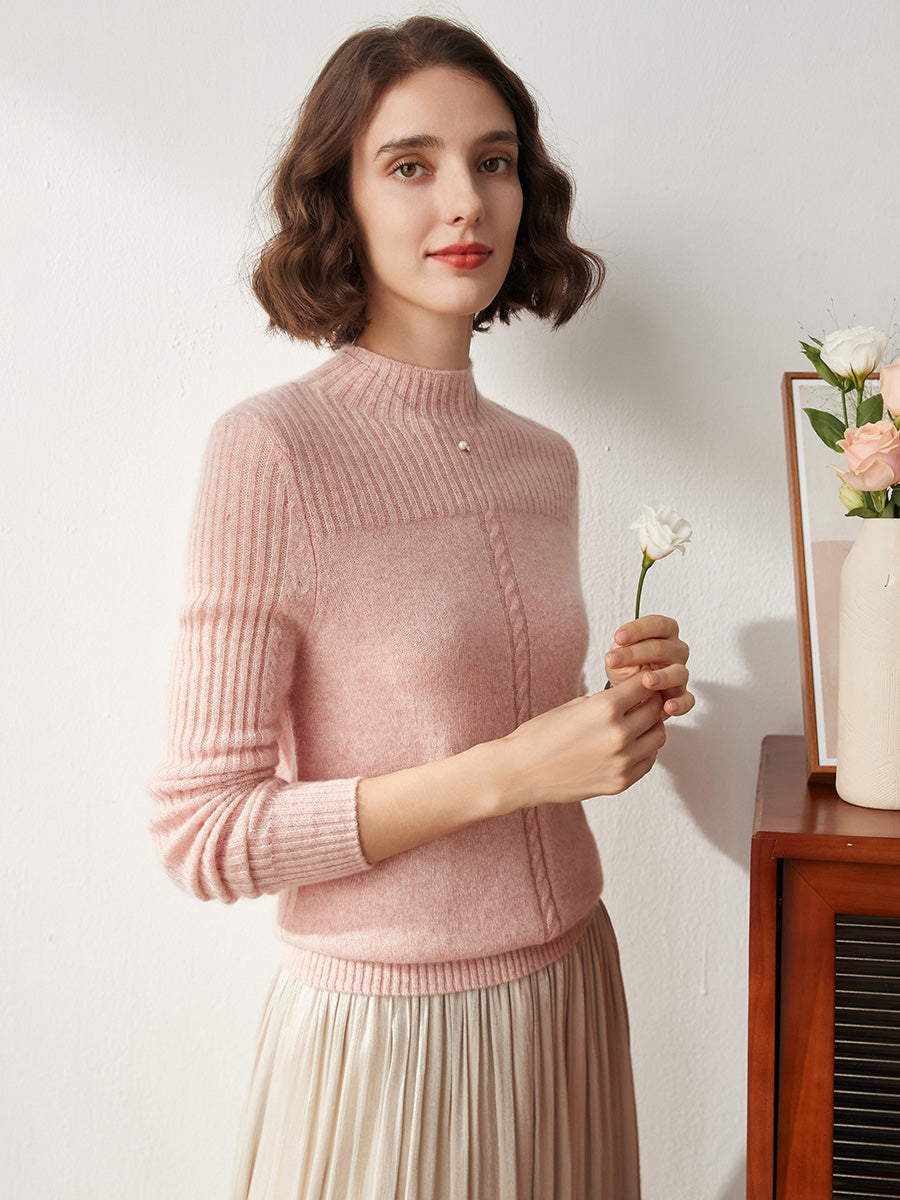 COMOBOCA 100% Cashmere Women's Mock Neck Cable Knit Sweater