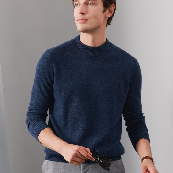COMOBOCA DARK BLUE 100% Cashmere Men's Mock Neck Knit Sweater