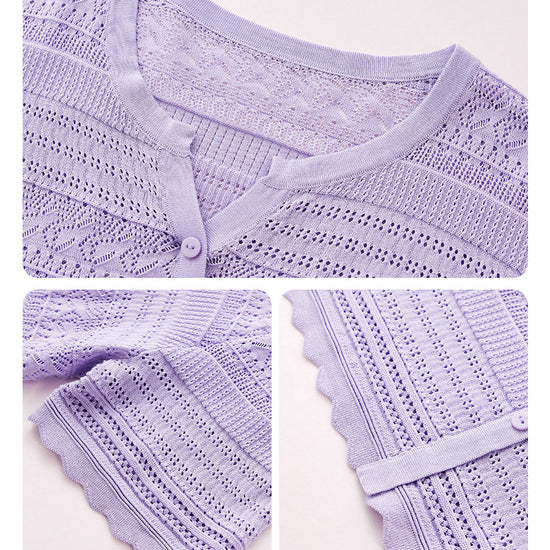 COMOBOCA Women's Scalloped Hem Openwork Knit Cardigan