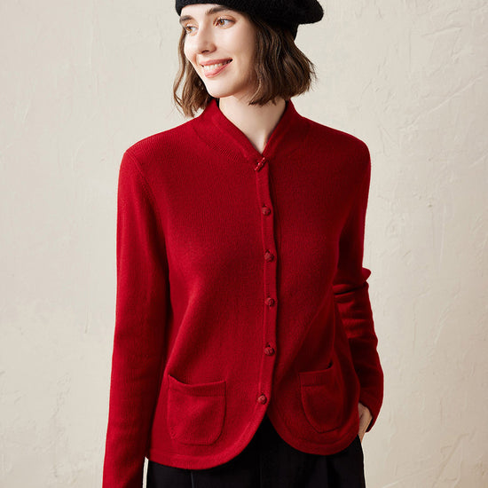 COMOBOCA Red 100% Cashmere Women's Cardigan with Mandarin Collar