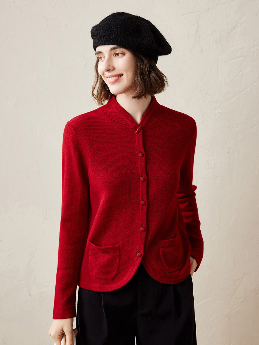 COMOBOCA Red 100% Cashmere Women's Cardigan with Mandarin Collar