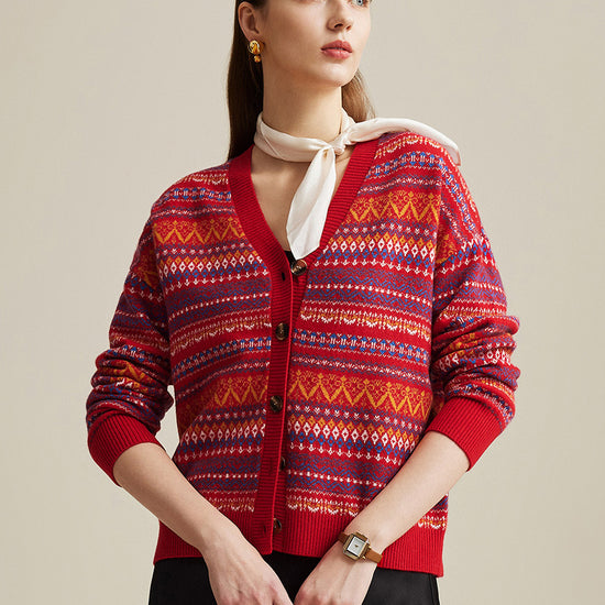 COMOBOCA Red 100% Wool Women's Fair Isle Patterned Cardigan