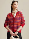 COMOBOCA Red 100% Wool Women's Fair Isle Patterned Cardigan