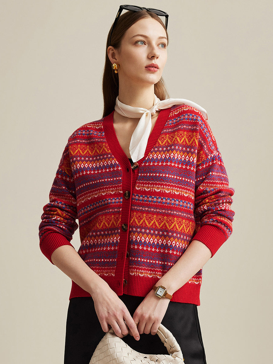 COMOBOCA Red 100% Wool Women's Fair Isle Patterned Cardigan