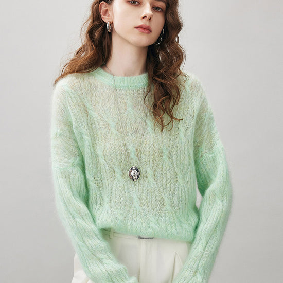 COMOBOCA Moonlight Green Women's Mohair Cable Knit Round Neck Sweater