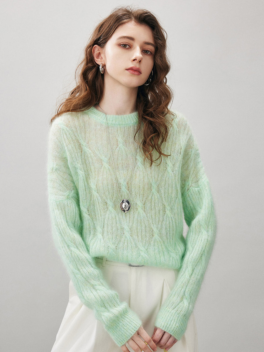 COMOBOCA Moonlight Green Women's Mohair Cable Knit Round Neck Sweater