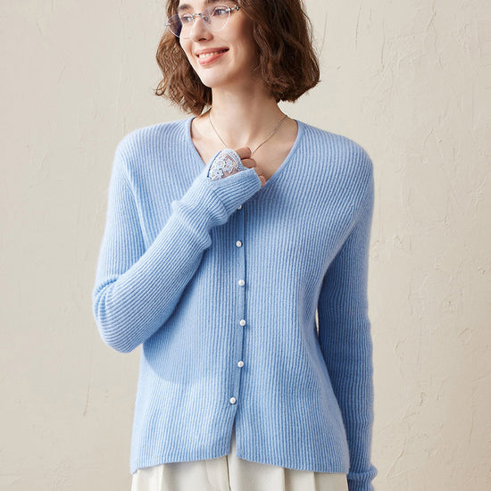 COMOBOCA Light Blue 100% Cashmere Women's Faux Button Sweater with Lace Cuff
