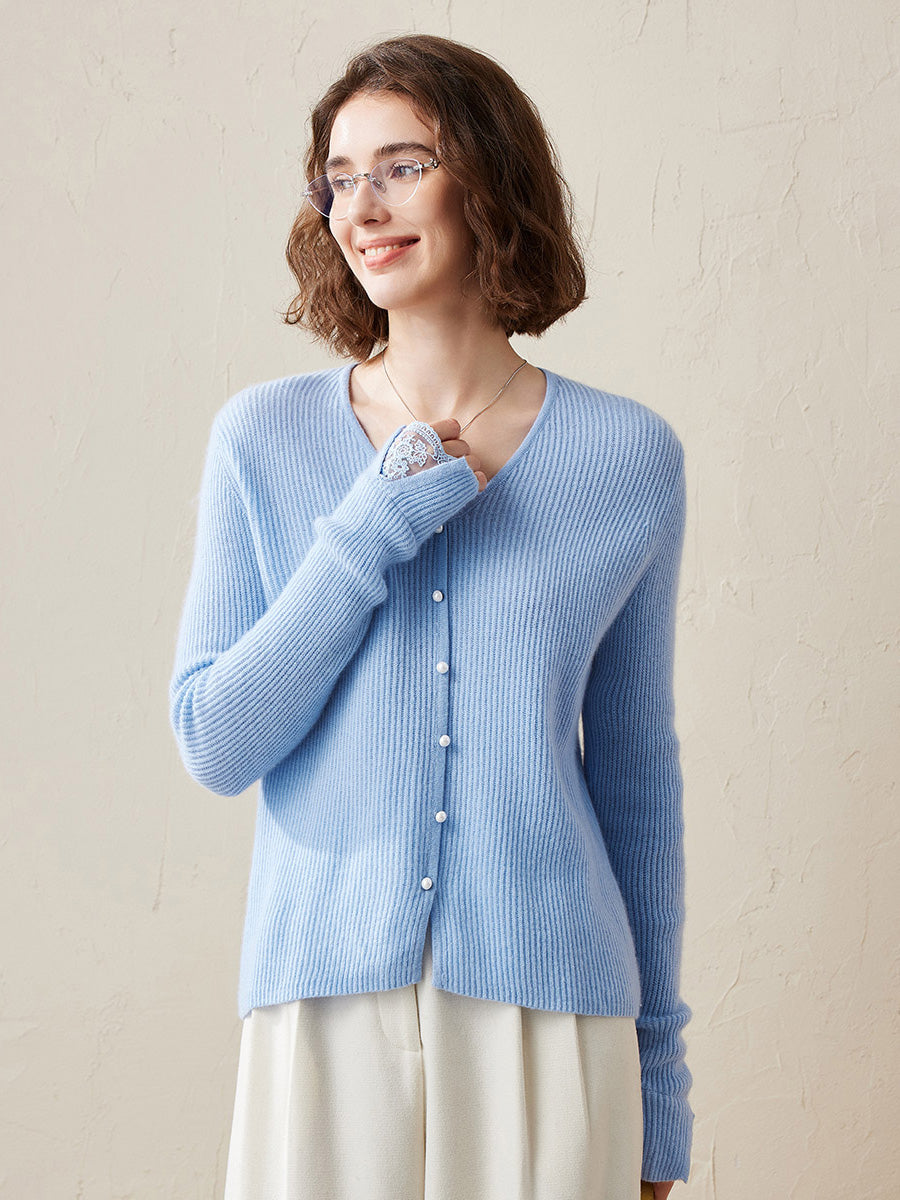 COMOBOCA Light Blue 100% Cashmere Women's Faux Button Sweater with Lace Cuff